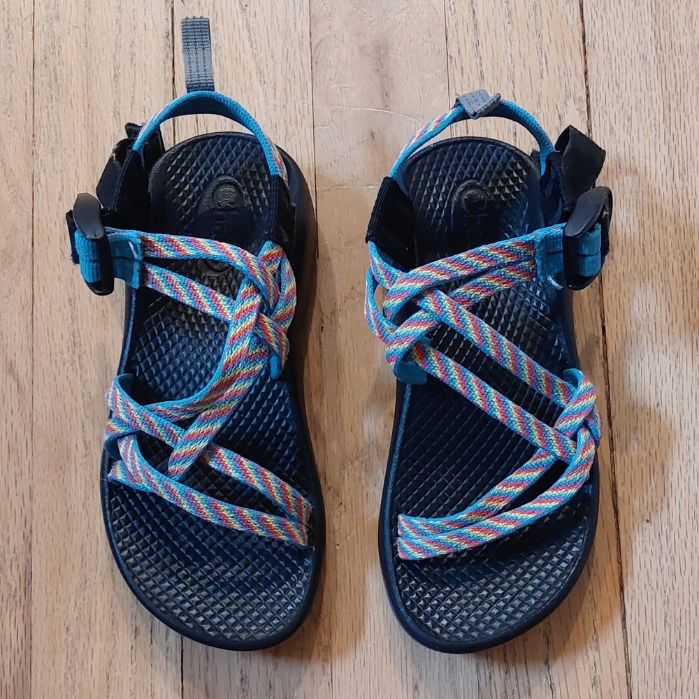 Chaco Kids Size 13 Teal & Rainbow Stripe Colorful Sandals Good Used Condition